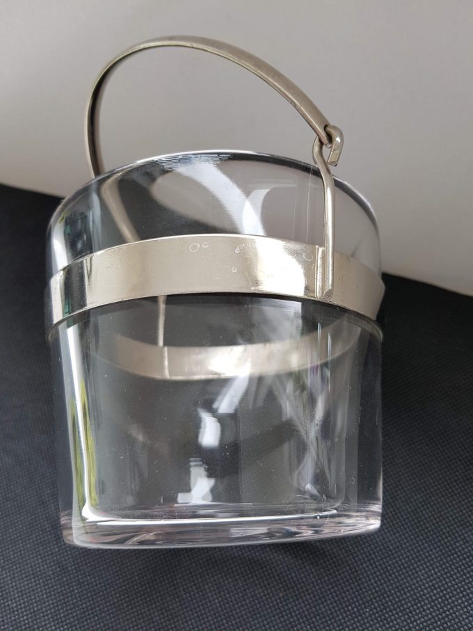 Orrefors Zweden Ontwerp Sven Palmquist Bowl glas met metalen handvat voor ijsblokjes. 2