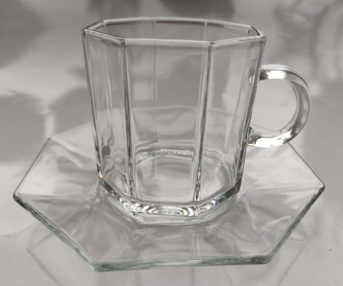 Arcoroc Octime France. Koffie en/of Thee kop en schotel. Transparant geperst glas. Per set van 5 1