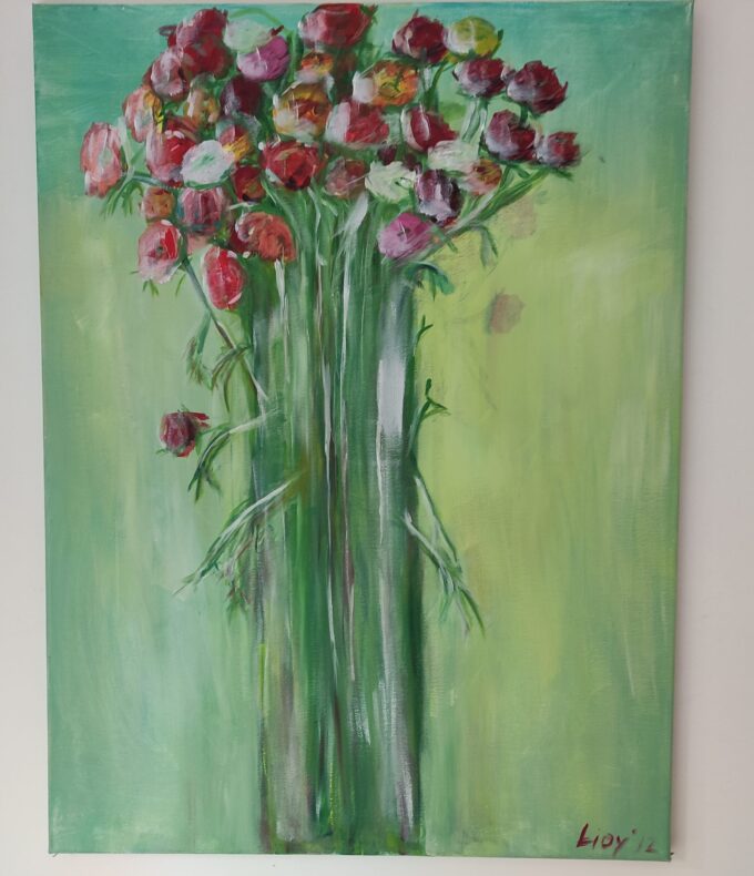 Ranonkels Bloemenschilderij. Acryl op doek. Gesigneerd Lidy 2012. 60 x 80 cm. 1