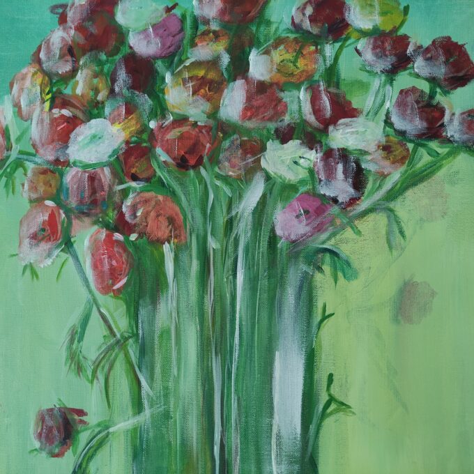 Ranonkels Bloemenschilderij. Acryl op doek. Gesigneerd Lidy 2012. 60 x 80 cm. 2