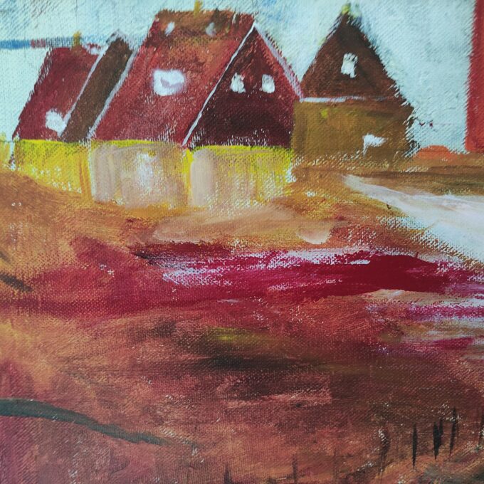 Texel Vuurtoren met huisjes. Schilderij acryl op doek. Gesigneerd Lidy 2018 2