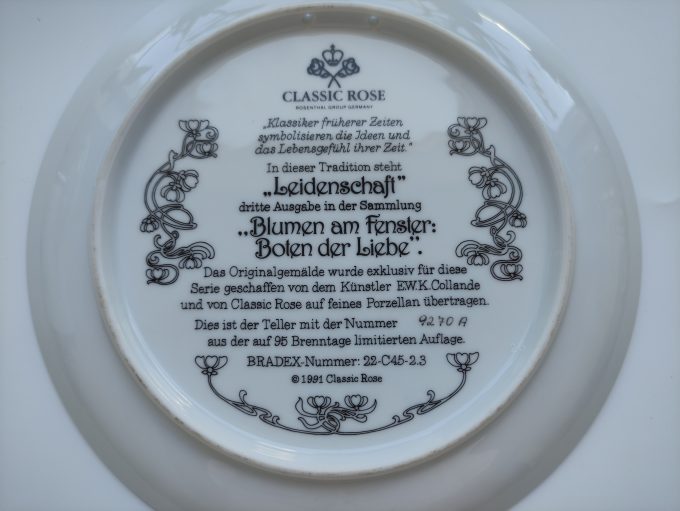 Vintage Bradex. Classic Rose. Leidenschaft. Wandbord/ Sierbord. 22 x 2 cm. 2