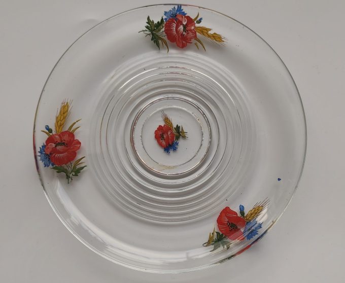 Gebaksbordjes glas rond met bloemmotief. Per set van vijf. 1