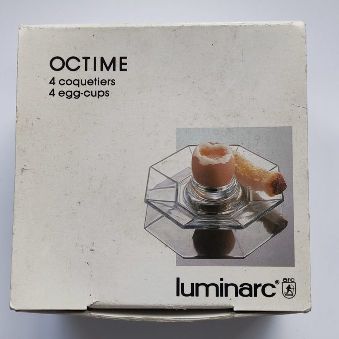 Vintage Luminarc Octime. Made in France. Eierdopjes. Transparant persglas. Per set van 4 . Nieuw in doosje 5