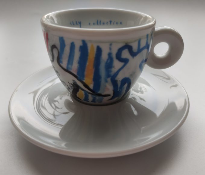 Illy Art Collection. Design Sandro Chia. 1997. Espresso kop en schotel. Collectie van 6 als set 4