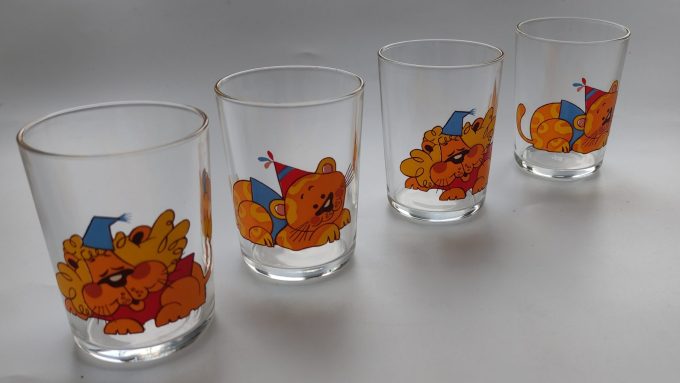 VMC Vereco Reims. Made in France. Water Limonade Glas met Dierenfiguren. Per set van 4