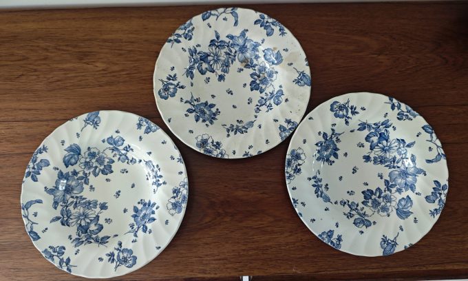 Vintage Myott. Made in England. Diepe borden. Wit  Blauw met uitbundig bloemmotief. Per set van 3.
