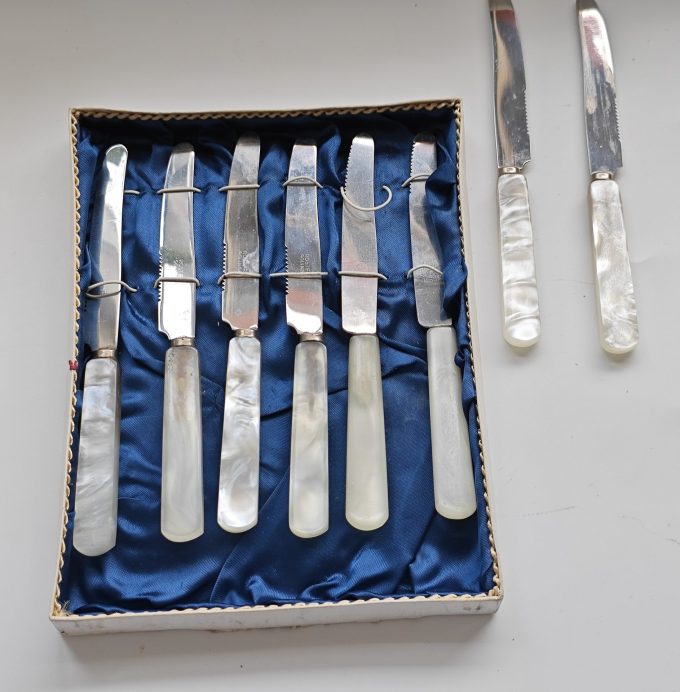 Solingen. Rostfrei. Set van 6 fruitmesjes. Parelmoeren Handvat. In doos met blauw satijnen voering. - Afbeelding 2