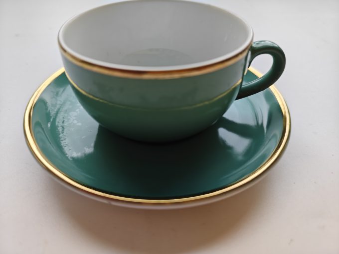 Mitterteich Bavaria Germany. Espresso /Mocca Kop en Schotel. Azuur en Wit. Gouden rand . Per set  van 4. - Afbeelding 2
