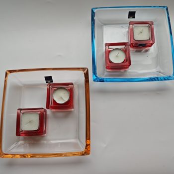 Leonardo. Sophia schaal in 2 kleuren. Blauw en Geel. (Tecqton  Glas. ) inclusief 4 Leonardo Theelicht houders. Set van 6.